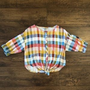 Lucky Brand Womens Top Size S Cropped Tie Front Short Sleeve Plaid Red Blue Yell